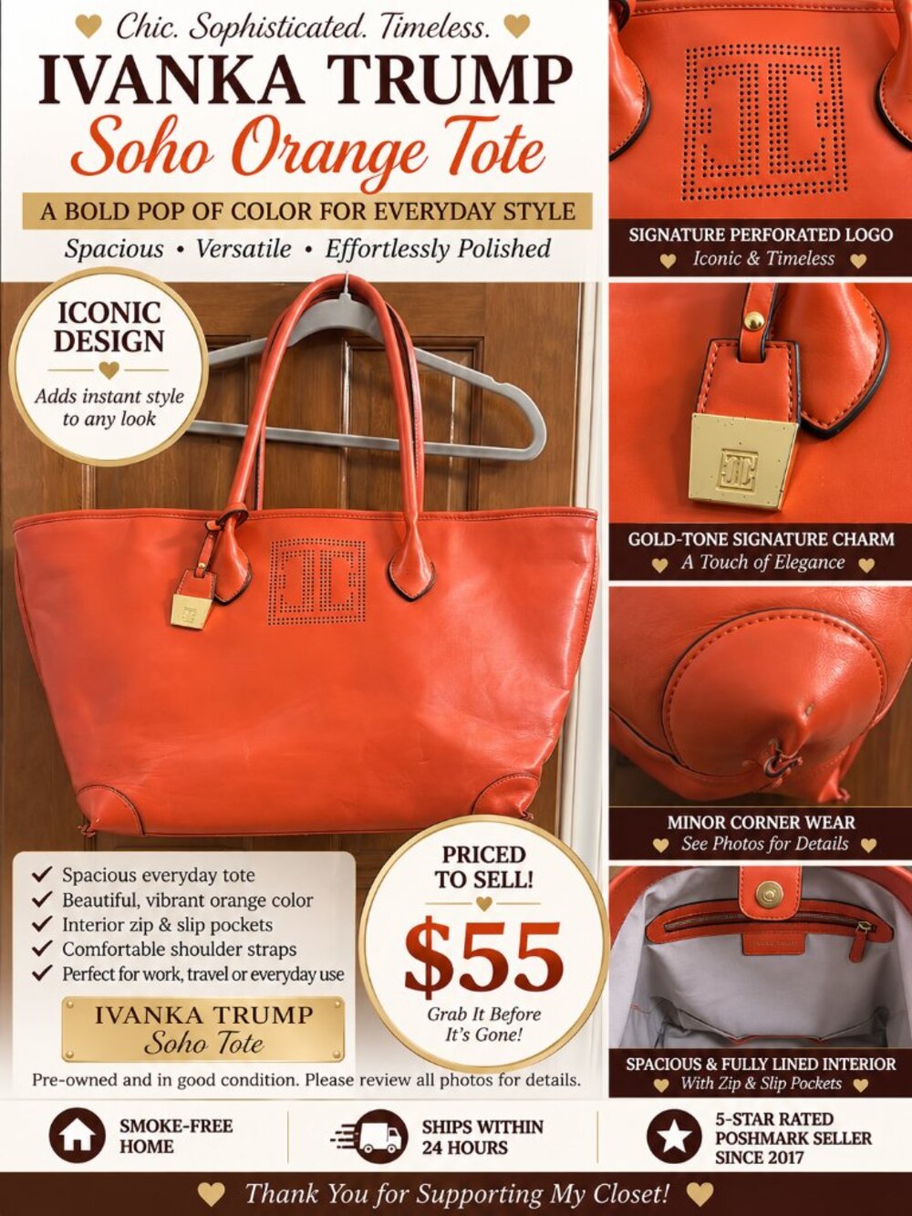 Ivanka Trump Soho Orange Tote Bag | Large Shoulder Handbag